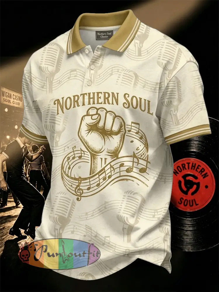 Men’s Retro Northern Soul Print Casual Polo - Apricot · S