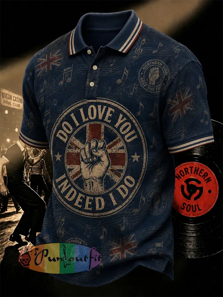 Men’s Retro Northern Soul Do I Love You Indeed I Do Print Casual Polo - Navy Blue · S