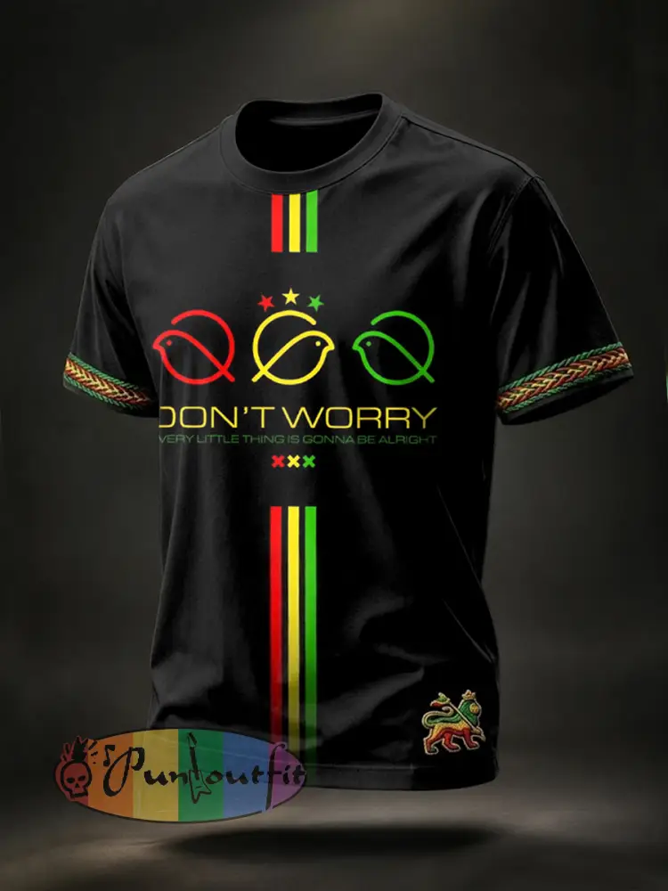 Men’s Retro Every Little Thing Is Gonna Be Alright Striped Casual T-Shirt - Black · S