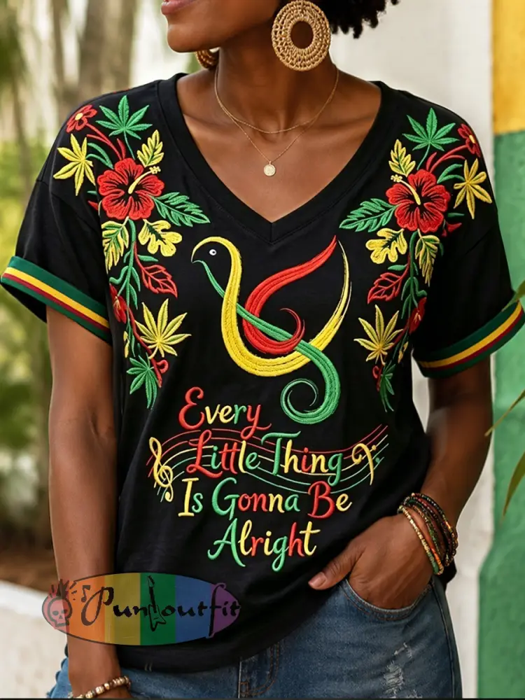 Women’s “Every Little Thing Is Gonna Be Alright” Casual V-Neck T-Shirt - Black · S