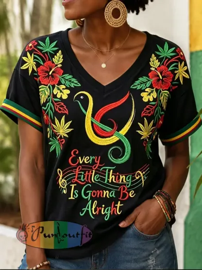 Women’s “Every Little Thing Is Gonna Be Alright” Casual V-Neck T-Shirt - Black · S