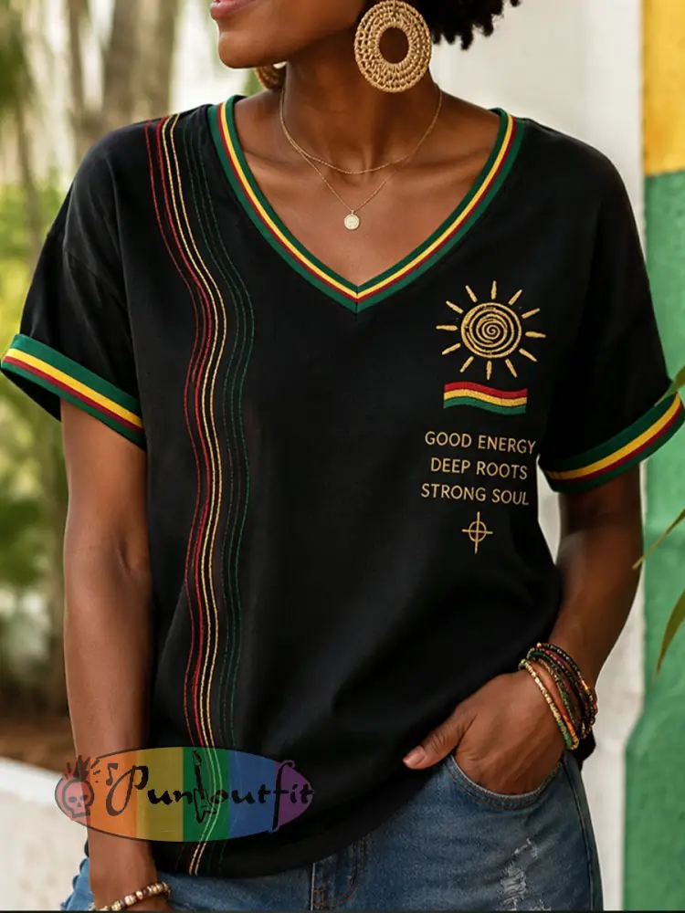 Women’s Retro GOOD ENERGY Casual V-Neck T-Shirt - Black · S
