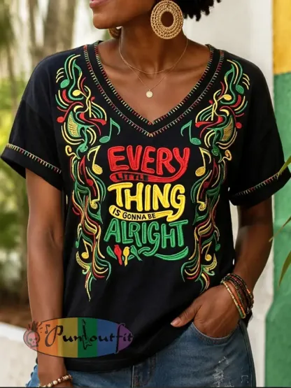Women’s Retro Every Little Thing Is Gonna Be Alright Casual V-Neck T-Shirt - Black · S