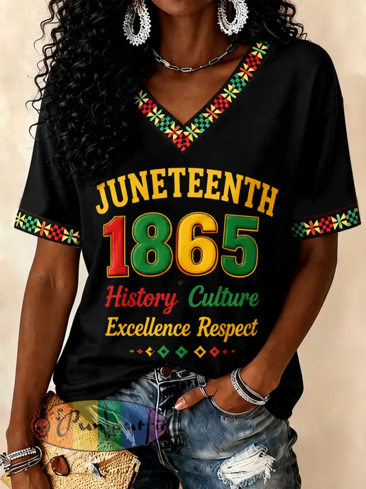 Women’s Juneteenth Print Casual V-Neck Tee - Black · S