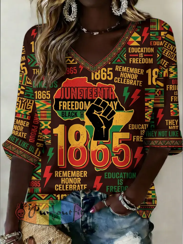 Women’s Juneteenth Mid-length Sleeves V-Neck T-Shirt - As picture · S