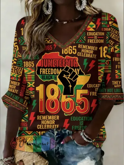Women’s Juneteenth Mid-length Sleeves V-Neck T-Shirt - As picture · S