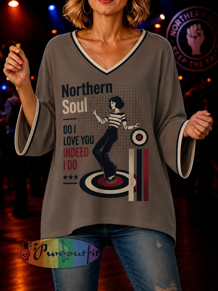 Women’s Retro Northern Soul Do I Love You Indeed I Do Print Casual Mid-length Sleeves V-Neck T-Shirt - Coffee · S