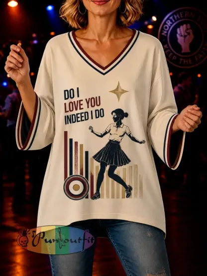 Women’s Retro Northern Soul Do I Love You Indeed I Do Print Casual Mid-length Sleeves V-Neck T-Shirt - Beige · S
