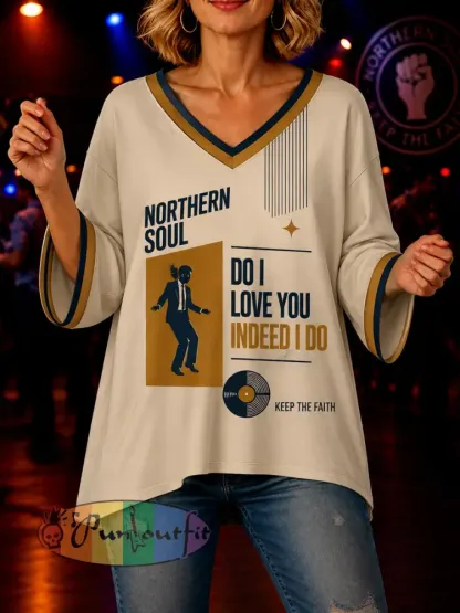 Women’s Retro Northern Soul Do I Love You Indeed I Do Print Casual Mid-length Sleeves V-Neck T-Shirt - Beige · S