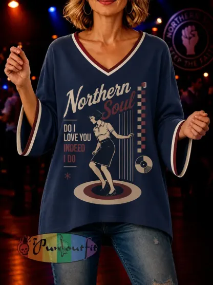 Women’s Retro Northern Soul Do I Love You Indeed I Do Print Casual Mid-length Sleeves V-Neck T-Shirt - Navy Blue · S