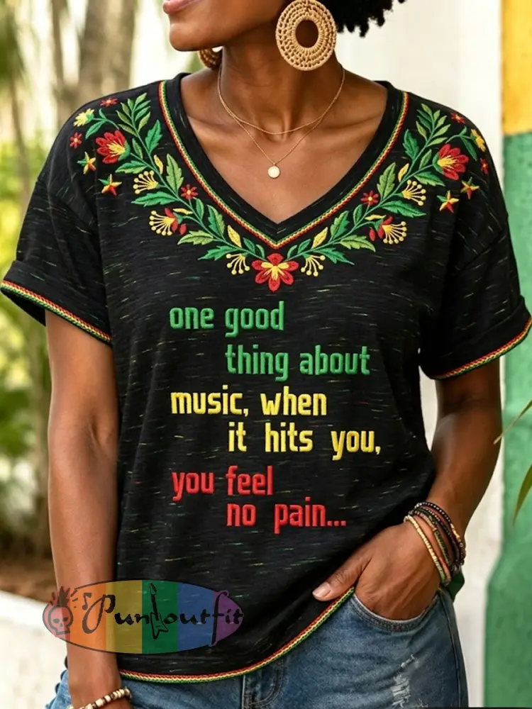Women’s Retro Reggae-Inspired Casual V-Neck T-Shirt - As picture · S