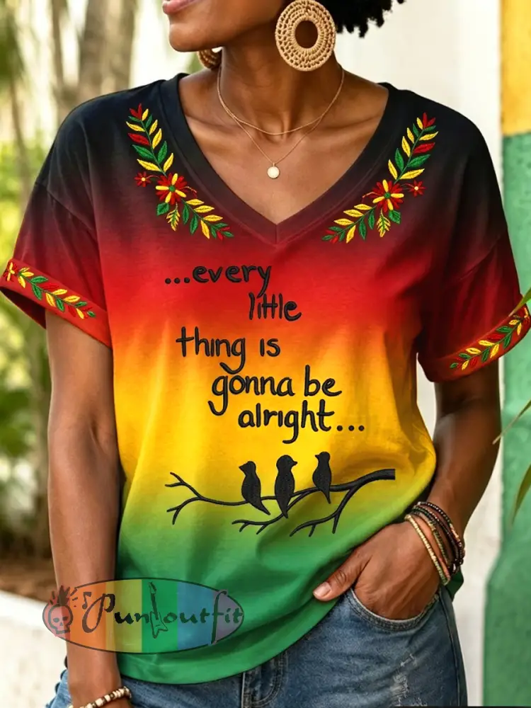 Women’s “Every Little Thing Is Gonna Be Alright” Casual V-Neck T-Shirt - As picture · S
