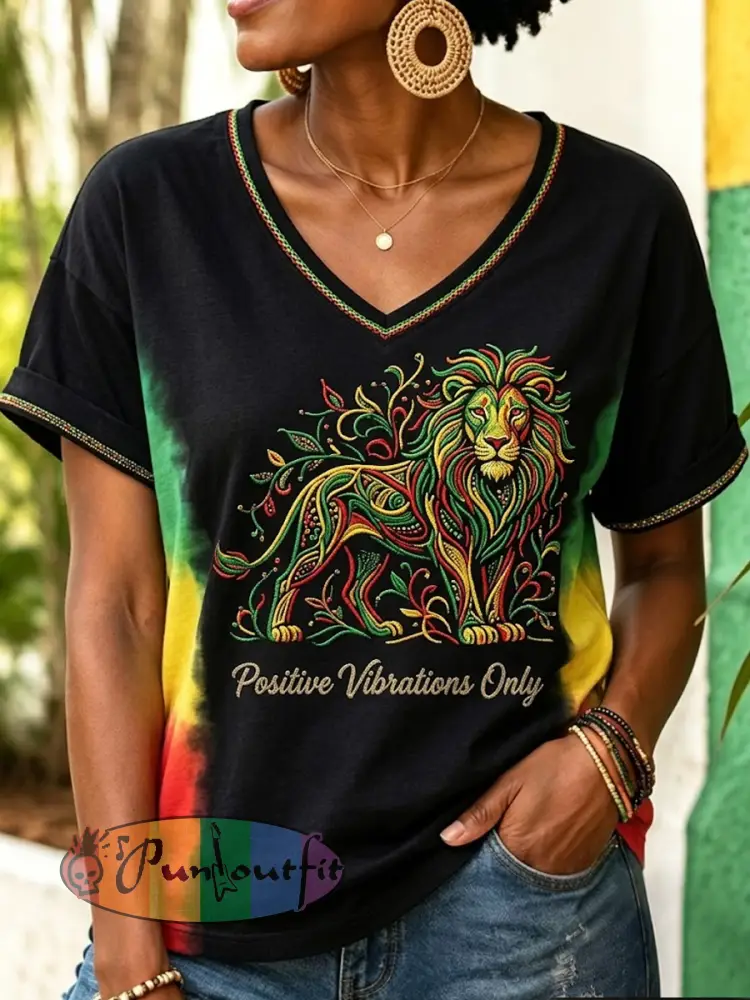 Women’s Retro Reggae-Inspired Artistic Casual V-Neck T-Shirt - As picture · S