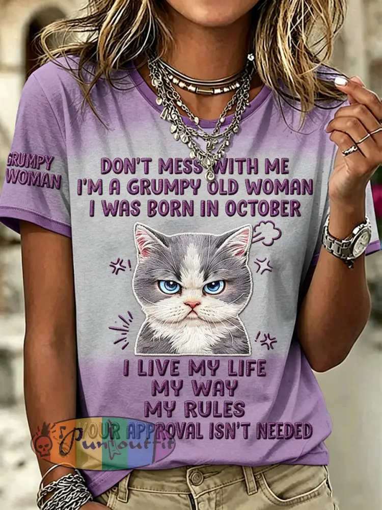 Women’s Grumpy Old Woman Printed Vintage Fashion Loose Short Sleeve T-Shirt - Light Purple · S