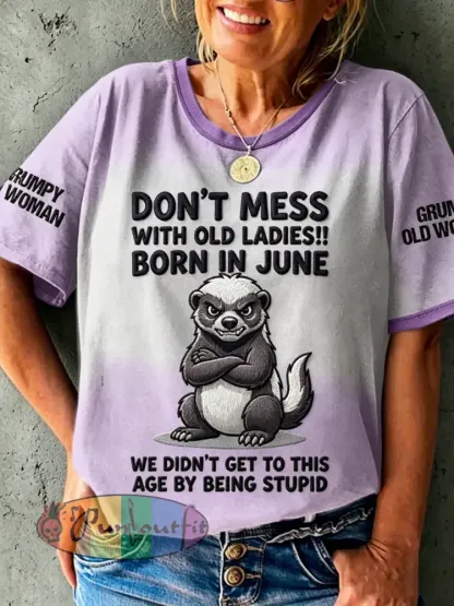 Women’s Grumpy Old Woman Printed Vintage Fashion Loose Short Sleeve T-Shirt - Light Purple · S