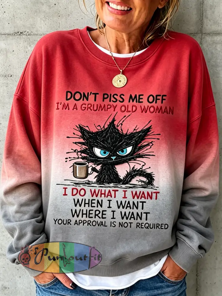 Women’s Grumpy Old Woman Print Round Neck Long Sleeved Sweatshirt - Red · S