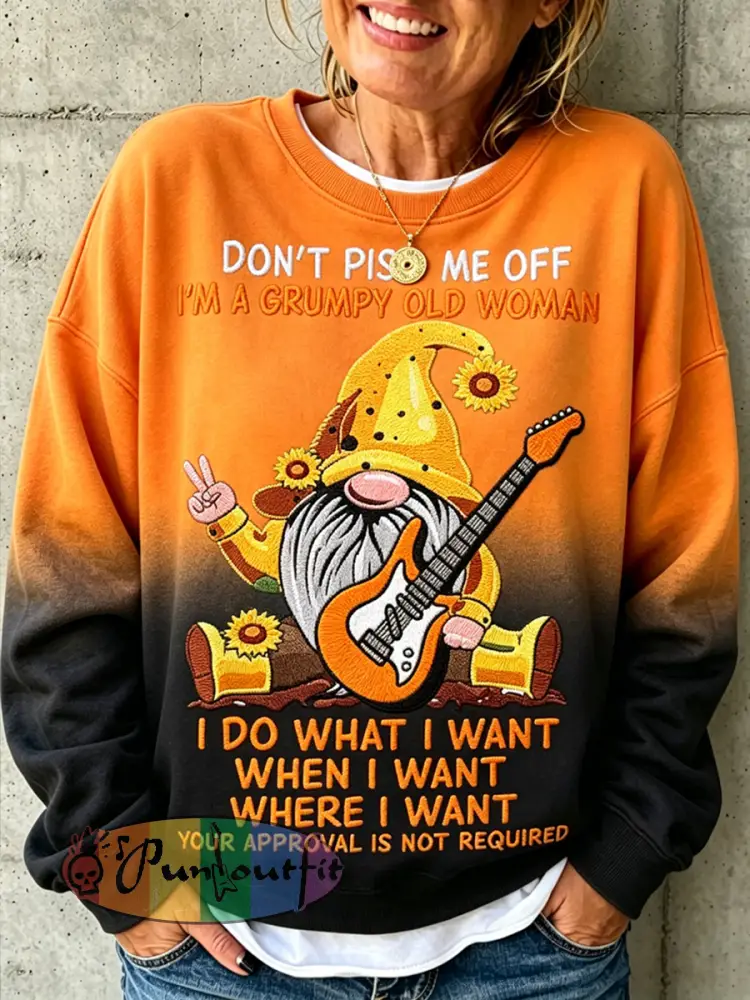 Women’s Grumpy Old Woman Print Round Neck Long Sleeved Sweatshirt - Orange · S