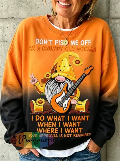 Women’s Grumpy Old Woman Print Round Neck Long Sleeved Sweatshirt - Orange · S