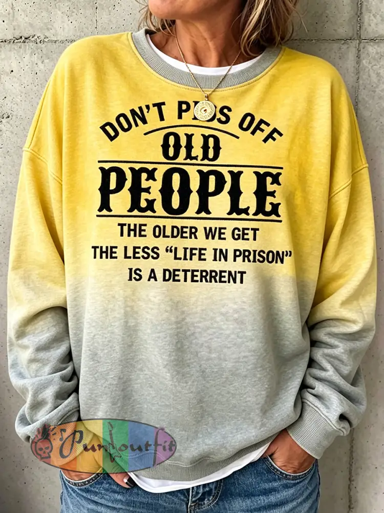 Women’s Grumpy Old Woman Print Round Neck Long Sleeved Sweatshirt - Yellow · S