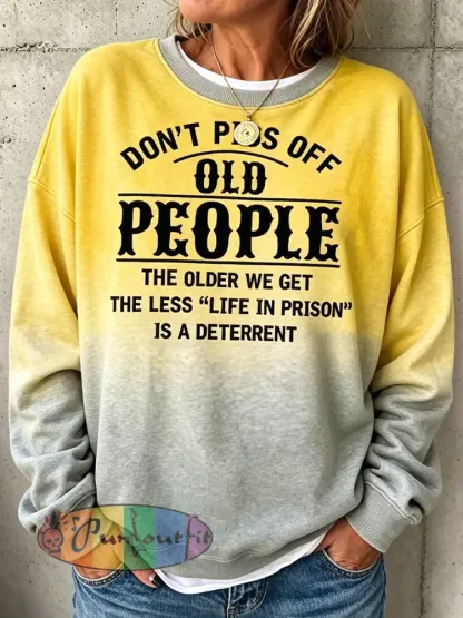 Women’s Grumpy Old Woman Print Round Neck Long Sleeved Sweatshirt - Yellow · S