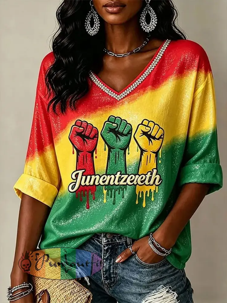 Women’s Juneteenth Print Mid-length Sleeves V-Neck T-Shirt - As picture · S