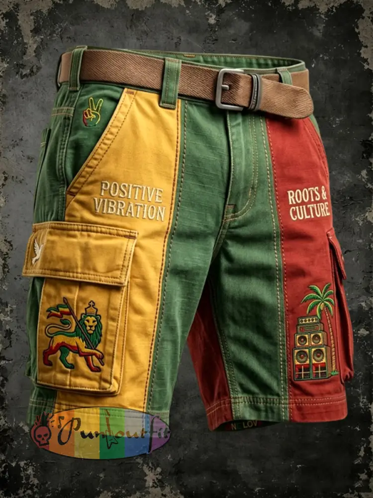 Men’s Retro Reggae Patchwork Casual Work Shorts - As picture · S