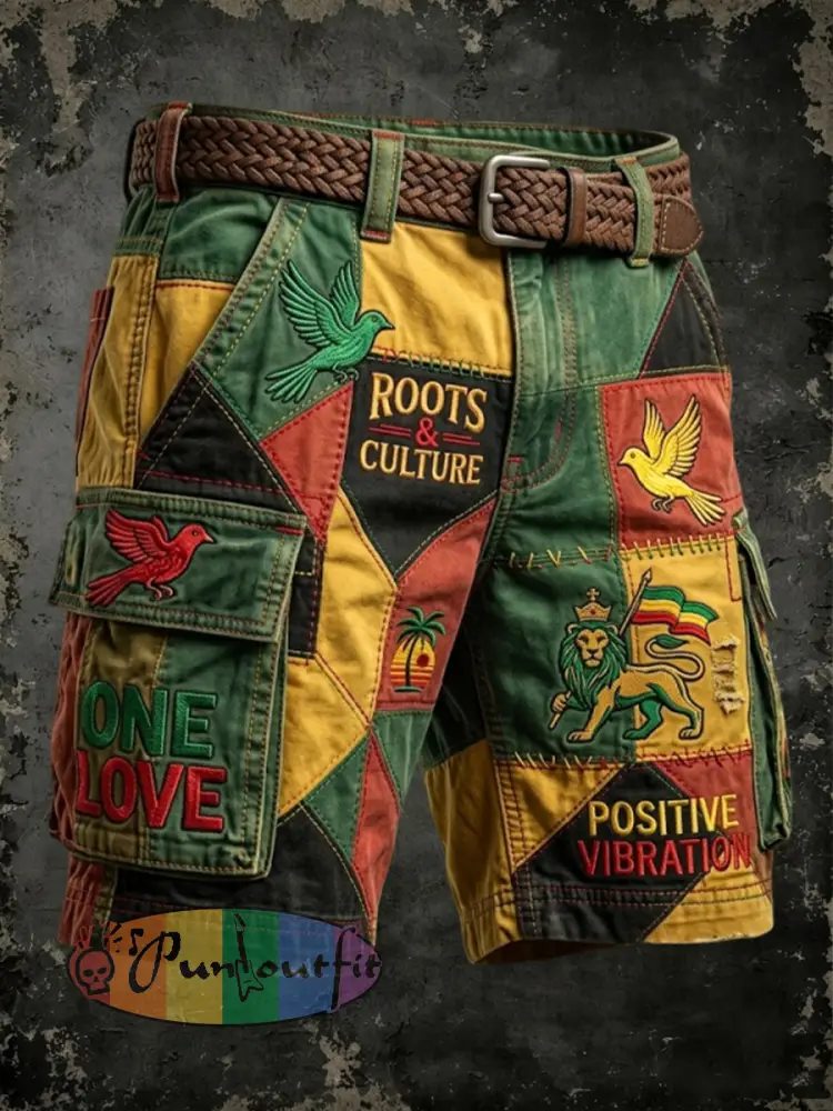 Men’s Retro Reggae-Inspired Geometric Patchwork Casual Work Shorts - As picture · S