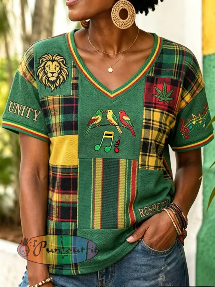 Women’s Retro Reggae-Print Patchwork Casual V-Neck T-Shirt - As picture · S