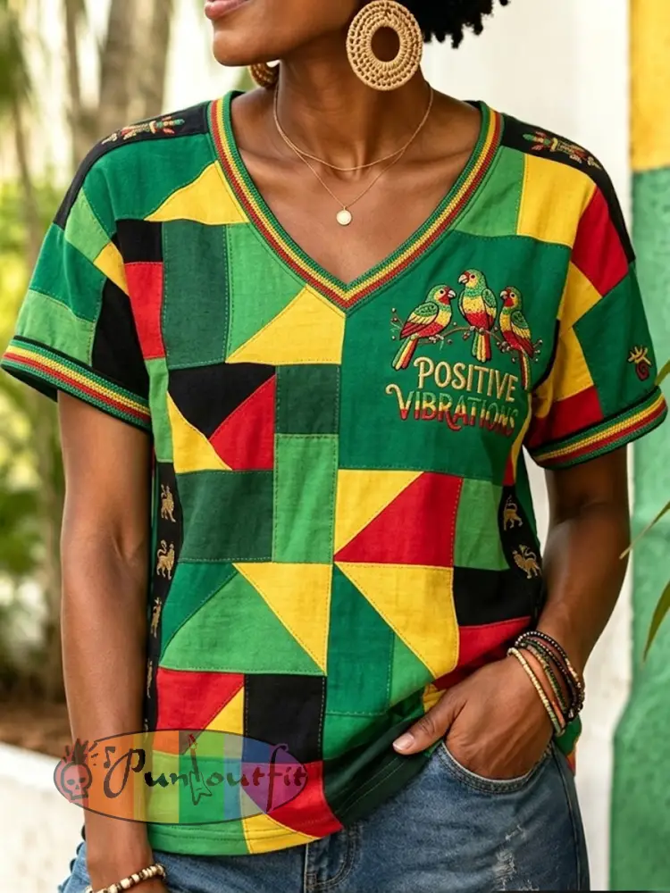 Women’s Retro Reggae Geometric Patchwork Casual V-Neck T-Shirt - As picture · S