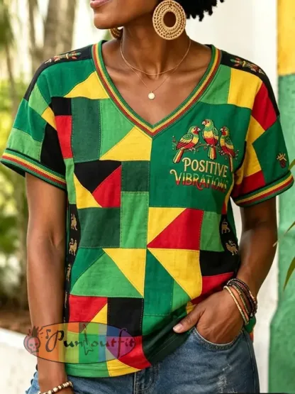 Women’s Retro Reggae Geometric Patchwork Casual V-Neck T-Shirt - As picture · S