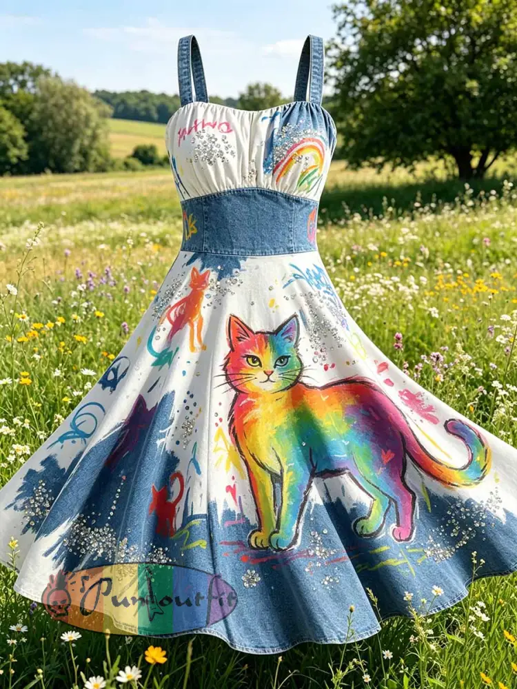 Women’s Fashion Cat Rainbow Print Casual Dress - As picture · S