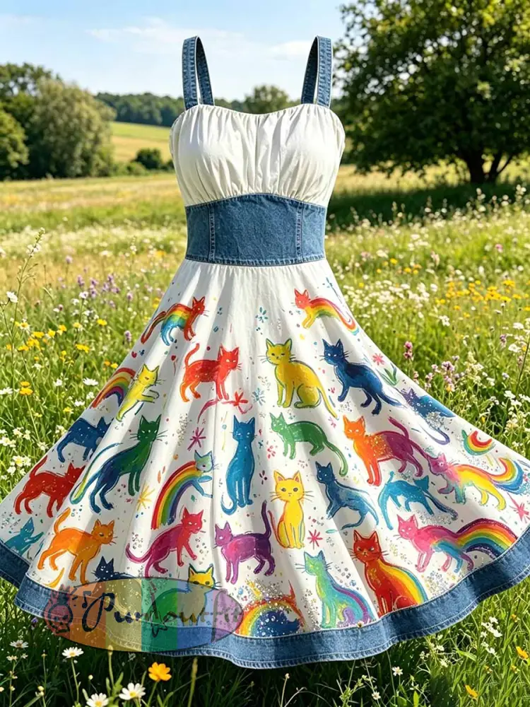 Women’s Fashion Cat Rainbow Print Casual Dress - As picture · S