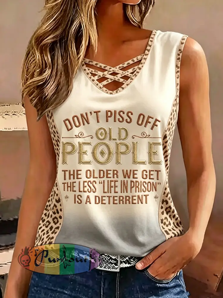 Women’s Retro Old Fuckers Club Print Sleeveless Tank Top - Apricot · S