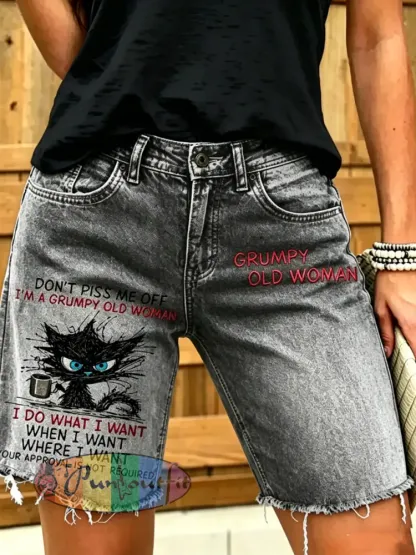 Women’s Old Fuckers Club Art Printed Short Jeans - Black · S