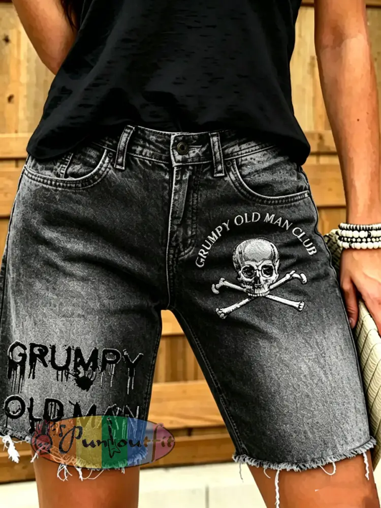 Women’s Old Fuckers Club Art Printed Short Jeans - Black · S