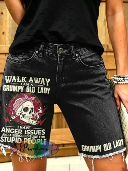 Women’s Old Fuckers Club Art Printed Short Jeans - Black · S