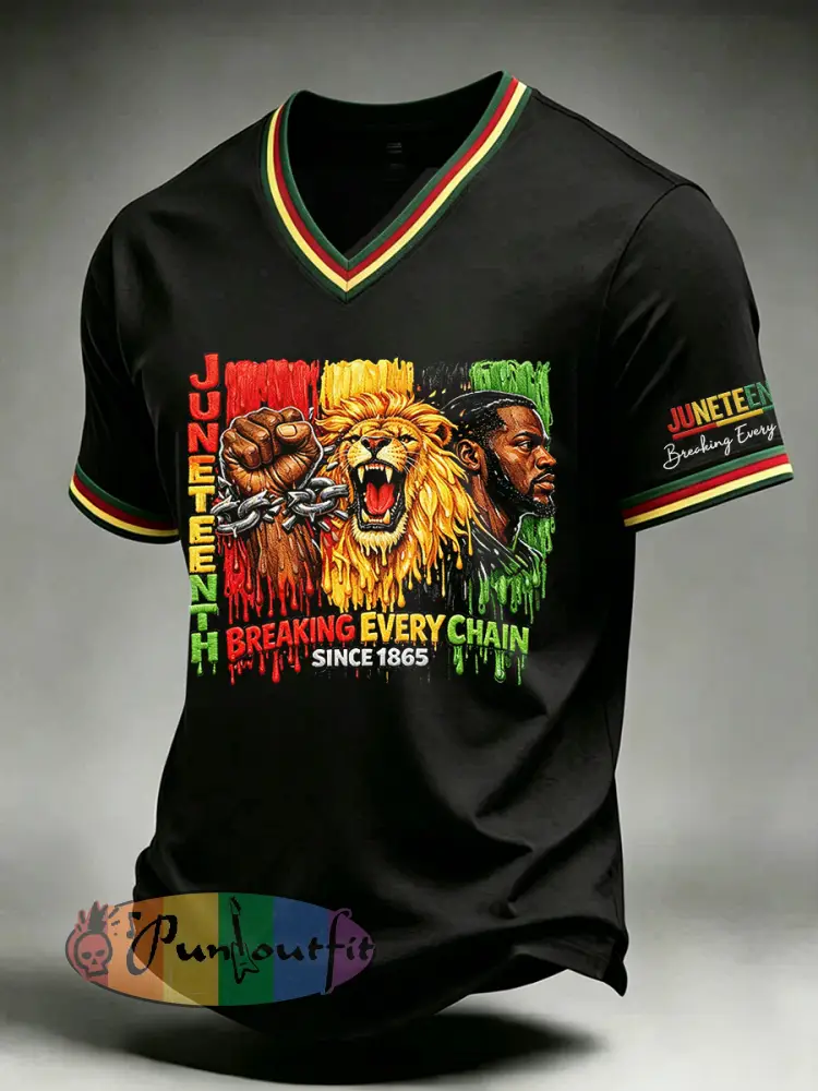 Men’s Juneteenth 1865 Print Casual V-neck Short Sleeve T-shirt - Black · S