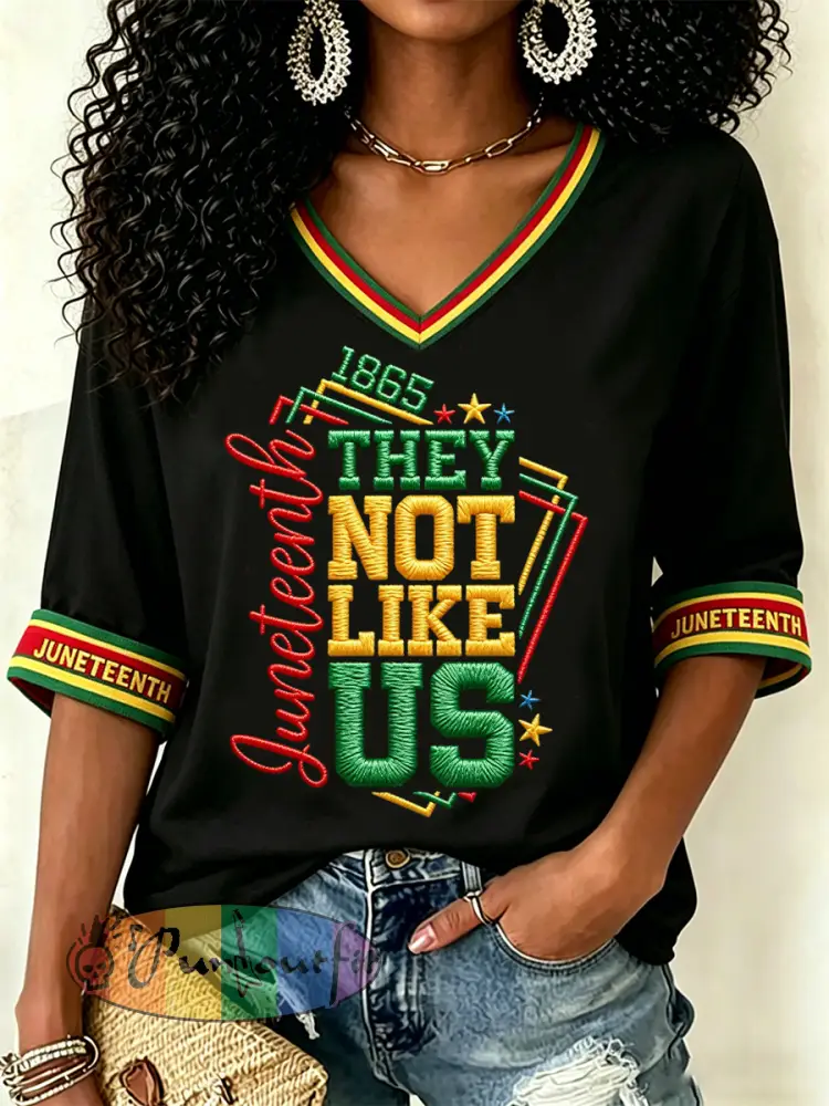 Women’s Juneteenth They Not Like Us Since 1865 Print Casual V-Neck Tee - Black · S