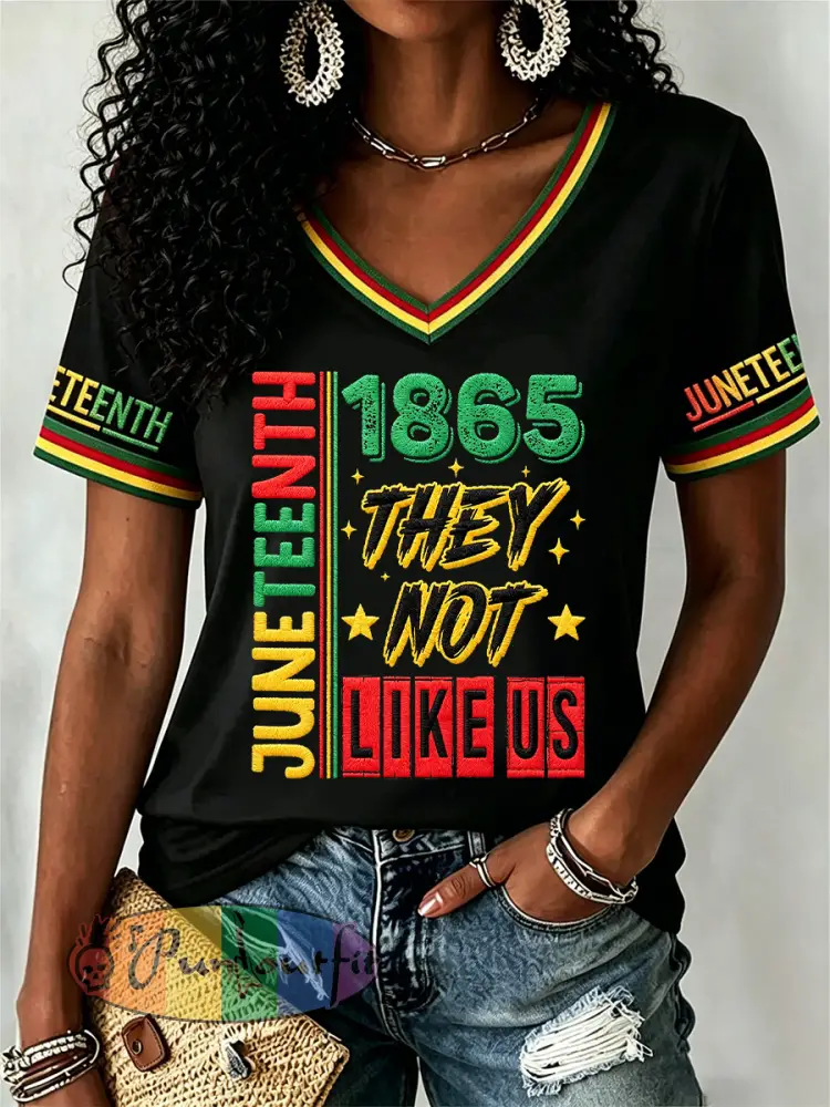 Women’s Juneteenth They Not Like Us Since 1865 Print Casual V-Neck Tee - Black · S