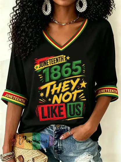 Women’s Juneteenth They Not Like Us Since 1865 Print Casual V-Neck Tee - Black · S