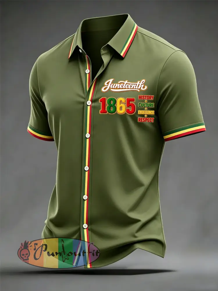Men’s Juneteenth Print Casual Short Sleeve Shirt - Army Green · S