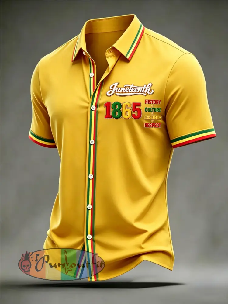 Men’s Juneteenth Print Casual Short Sleeve Shirt - Yellow · S