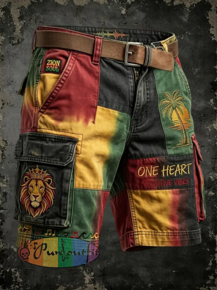 Retro Reggae-Inspired Geometric Patchwork Casual Work Shorts - As picture · S