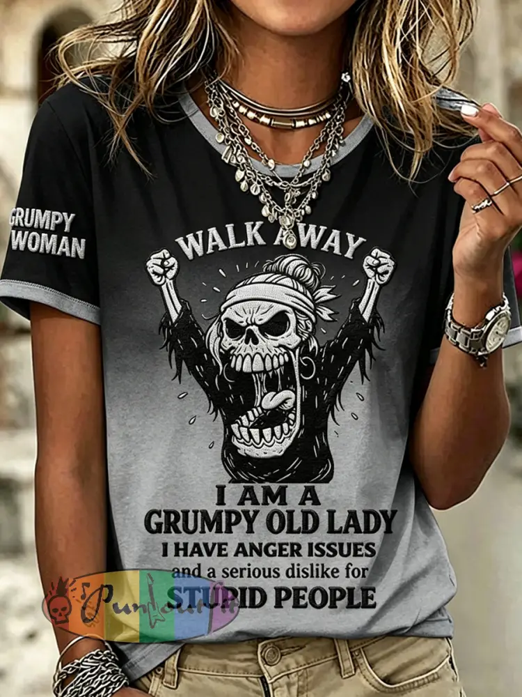 Women’s Grumpy Old Woman Printed Vintage Fashion Loose Short Sleeve T-Shirt - Gray · S