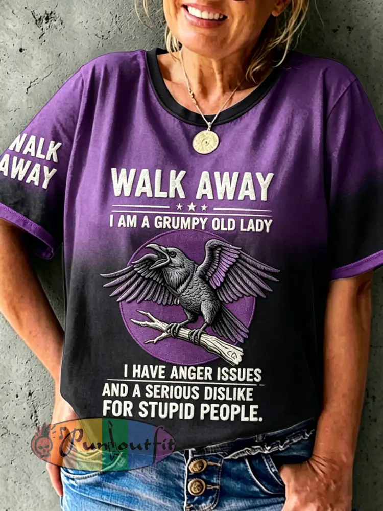 Women’s Grumpy Old Woman Printed Vintage Fashion Loose Short Sleeve T-Shirt - Purple · S