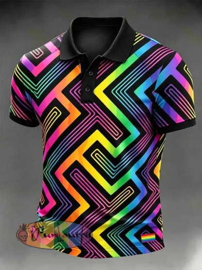 Men’s Fashion Rainbow Print Polo Shirt - As picture · S