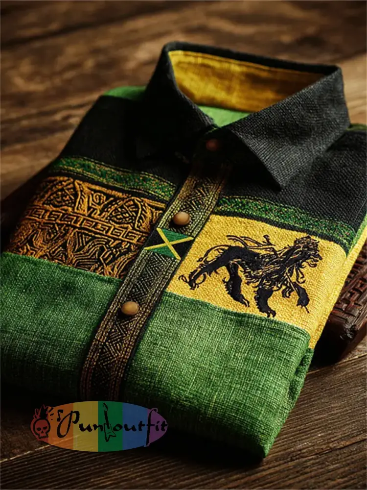 Men’s Black Pride Lion Jamaica Flag African Kente Print Short Sleeve Shirt - Green · S