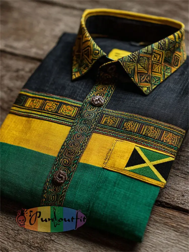 Men’s Jamaica Flag Inspired African Kente Colorblock Print Short Sleeve Shirt - Green · S