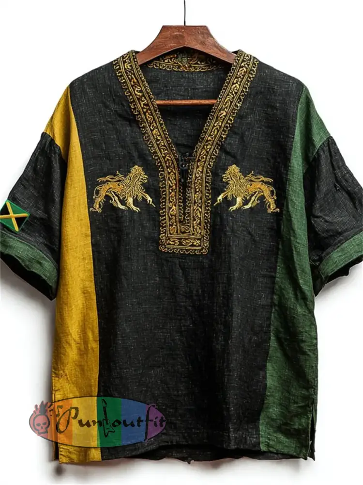 Men’s Black Pride Reggae Lions Jamaica Flag Colorblock Short Sleeve Shirt - Black · S
