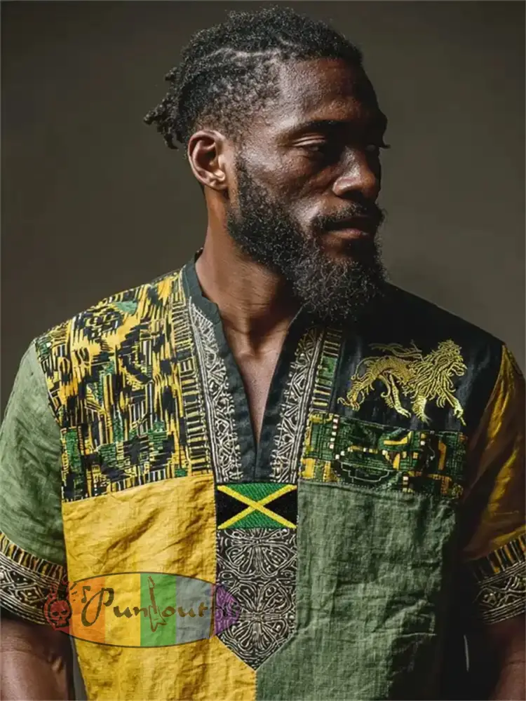 Men’s Reggae Lion Jamaica Flag African Kente Colorblock Print Short Sleeve Shirt - As picture · S